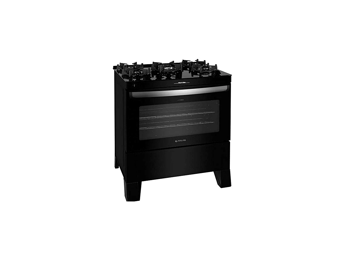 Fogão 5 Bocas Atlas Agile Glass com Mesa de Vidro e Trempes de Ferro Fundido - Preto