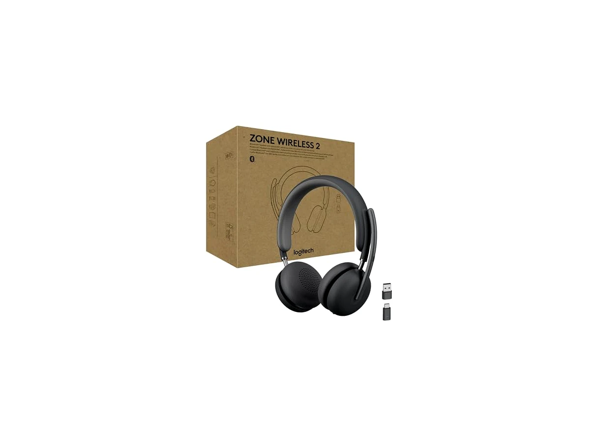 Logitech Fone de ouvido Zone Wireless 2 premium com cancelamento de ruído híbrido ANC, Bluetooth, USB-C, USB-A, certificado para equipes Microsoft e par rápido, projetado para laptops Intel Evo